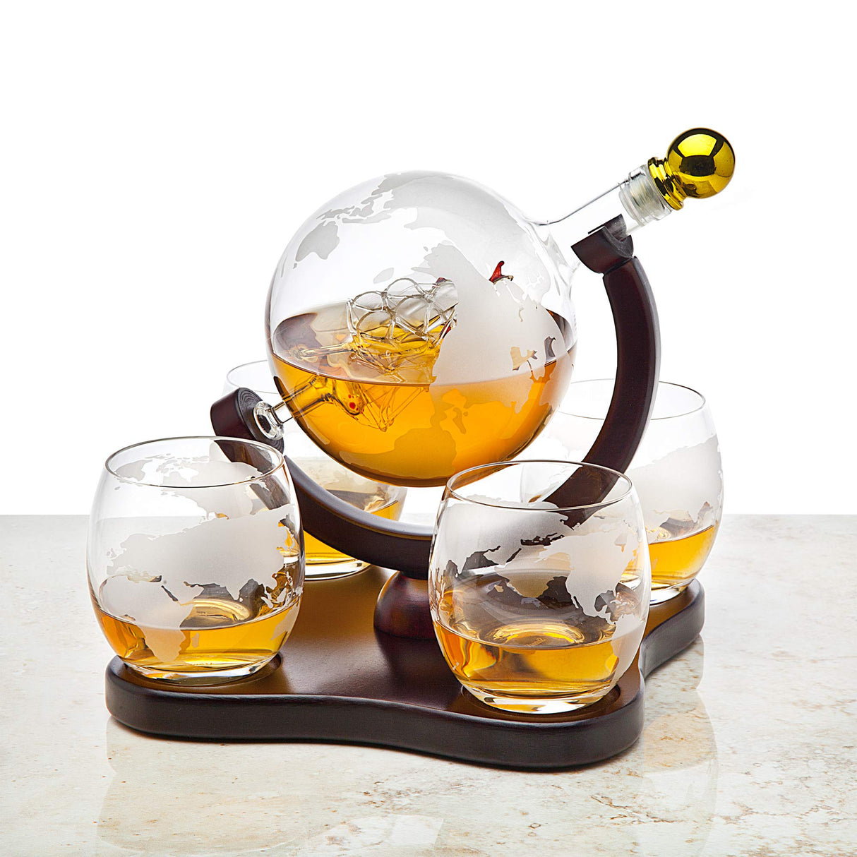 Whiskey Decanter Globe Set with 2 Etched Whiskey Glasses