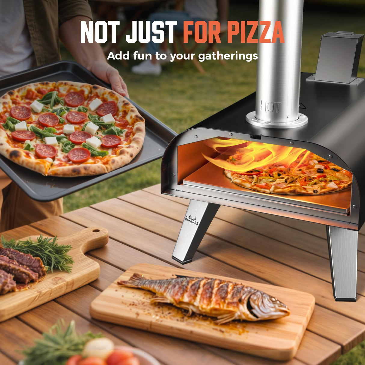 BIG HORN OUTDOORS Pizza Ovens Wood Pellet 12” Pizza Oven Cooking Pizza Maker Portable Stainless Steel Pizza Grill, Silver Portable Party use