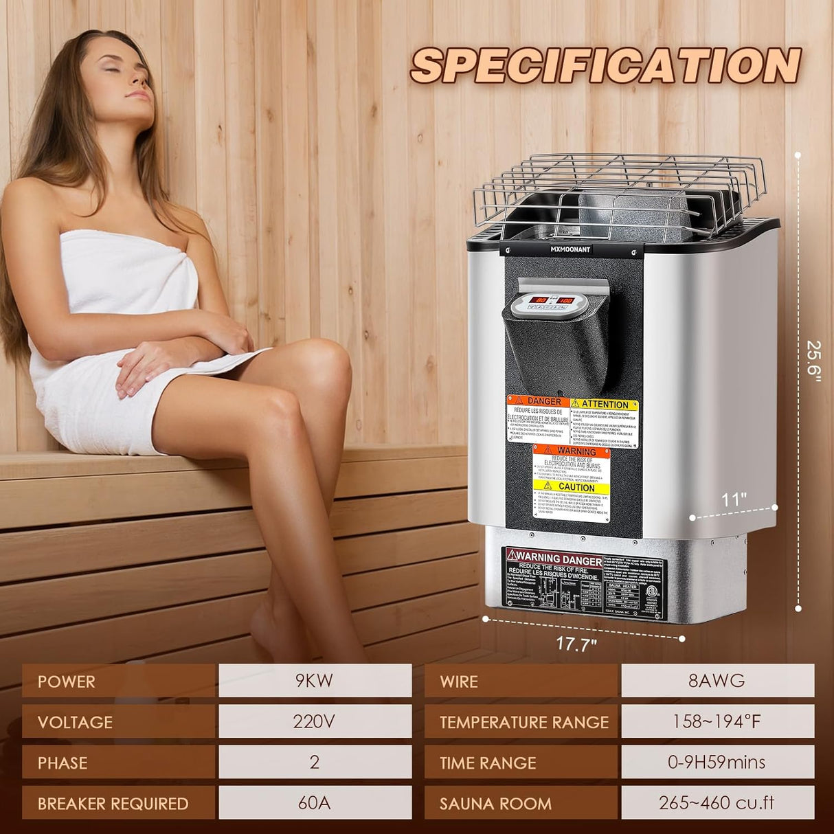 Mxmoonant Sauna Heater, 9KW 220V Electric Sauna Heaters Built-in Digital Control Sauna Stove Dry Steam Sauna Bath for Home Hotel Spa Max. 460 Cu.ft with Sauna Hygrothermograph