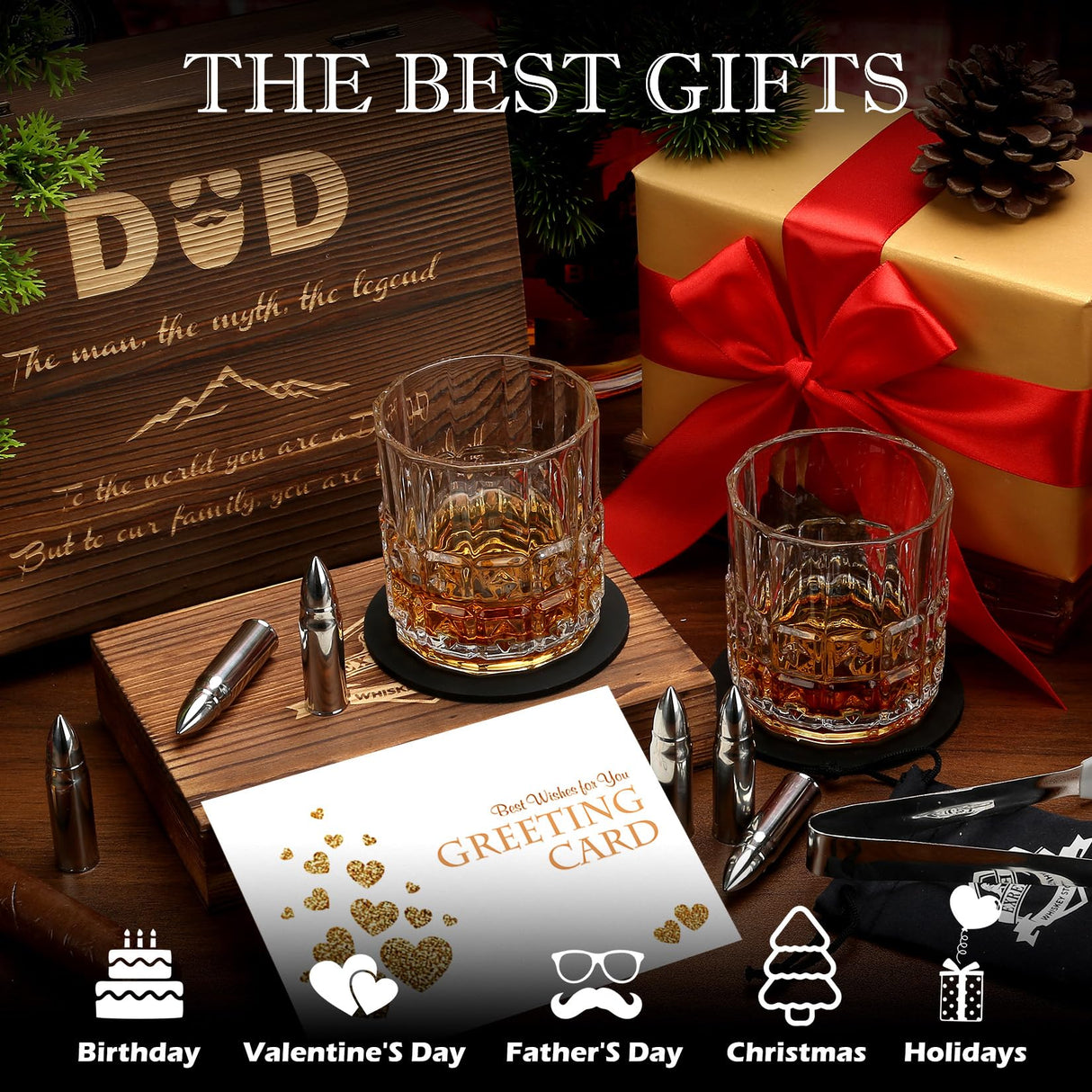 Whiskey Stones Gift Set - Whiskey Glass Set of 2 - Granite Chilling Whiskey Rocks - Scotch Bourbon Box Set -Christmas Birthday Gifts for Men Drinking Gift for Dad Him Husband Party Holiday Present