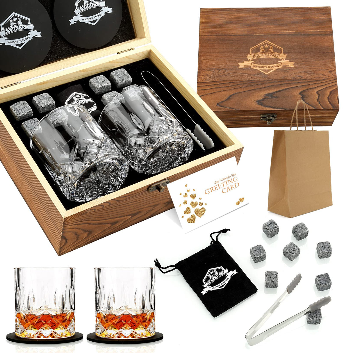 Whiskey Stones Gift Set - Whiskey Glass Set of 2 - Granite Chilling Whiskey Rocks - Scotch Bourbon Box Set -Christmas Birthday Gifts for Men Drinking Gift for Dad Him Husband Party Holiday Present