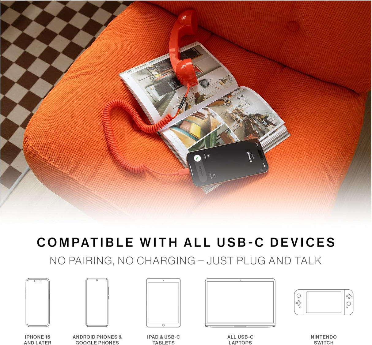 Native Union Pop Phone – Retro Telephone Handset with Mic & Speaker, USB-C for iPhone, iPad, Laptop, Tablet, Samsung S25, Flip 7, Fold 7 – Hybrid Work, Calls, Video Conferences, Meetings (Black)