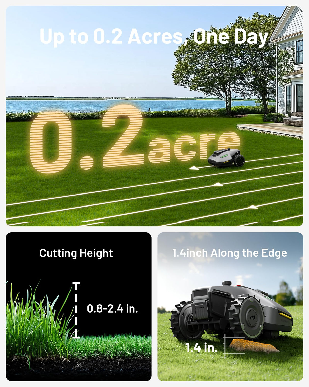 YUKA Mini 500H Robotic Lawn Mower Reception 0.12 Acre,Max. 0.17 Acre, Ultrasense AI Vision+ RTK Positioning, Auto Mapping, App Control, 50% Slope, Cutting Height 2''~3.5'', 15 Mowing Zones