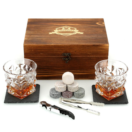 Whiskey Stones Gift Set - Whiskey Glass Set of 2 - Granite Chilling Whiskey Rocks - Scotch Bourbon Box Set -Christmas Birthday Gifts for Men Drinking Gift for Dad Him Husband Party Holiday Present