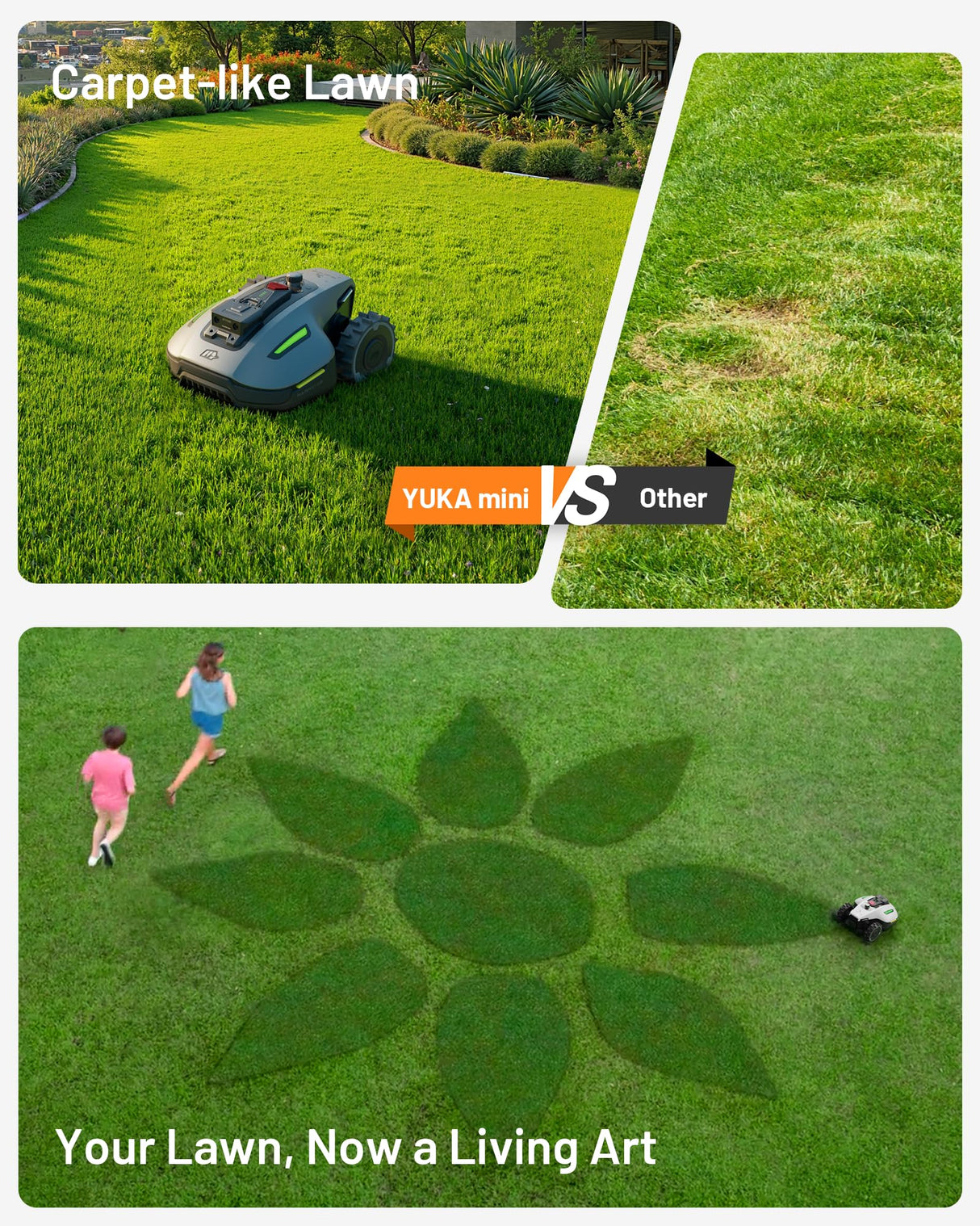 YUKA Mini 500H Robotic Lawn Mower Reception 0.12 Acre,Max. 0.17 Acre, Ultrasense AI Vision+ RTK Positioning, Auto Mapping, App Control, 50% Slope, Cutting Height 2''~3.5'', 15 Mowing Zones