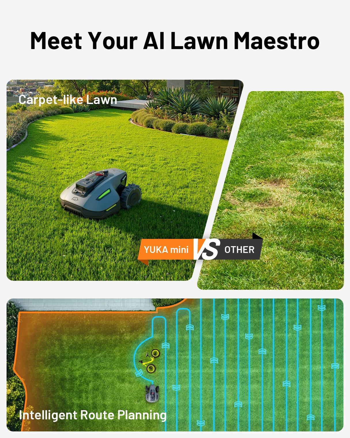 YUKA Mini 500H Robotic Lawn Mower Reception 0.12 Acre,Max. 0.17 Acre, Ultrasense AI Vision+ RTK Positioning, Auto Mapping, App Control, 50% Slope, Cutting Height 2''~3.5'', 15 Mowing Zones