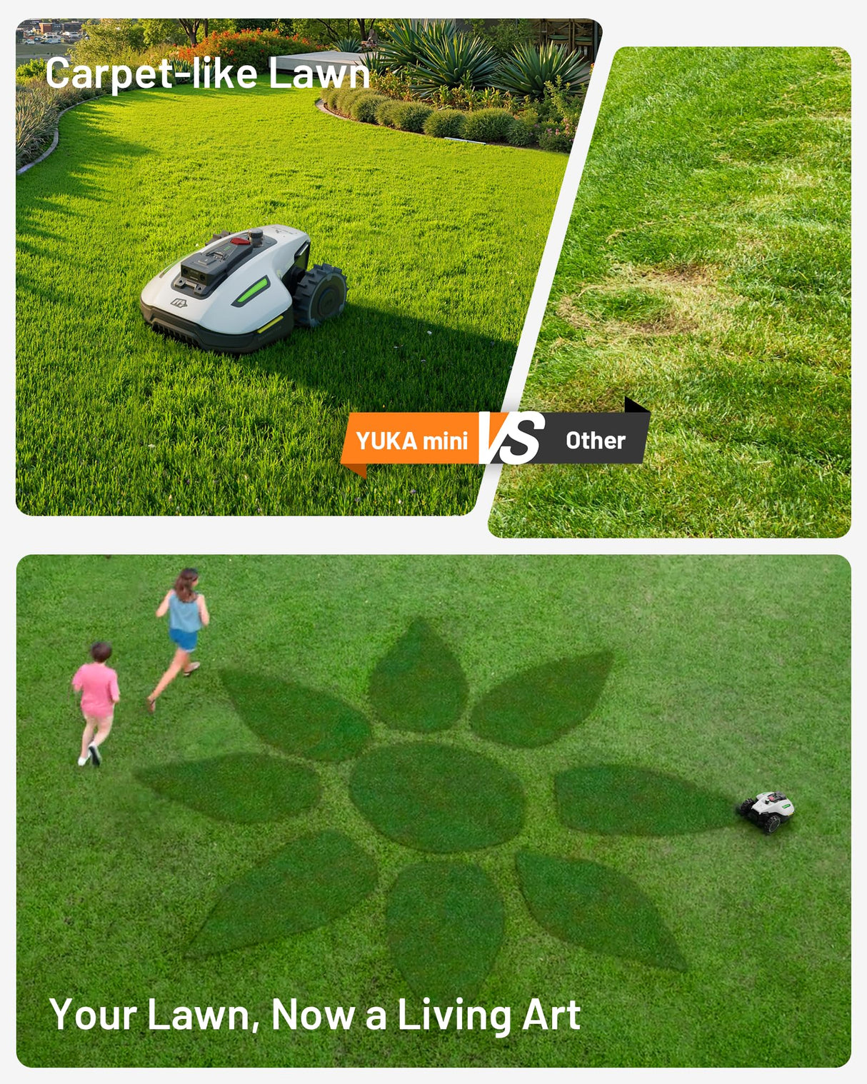 YUKA Mini 500H Robotic Lawn Mower Reception 0.12 Acre,Max. 0.17 Acre, Ultrasense AI Vision+ RTK Positioning, Auto Mapping, App Control, 50% Slope, Cutting Height 2''~3.5'', 15 Mowing Zones