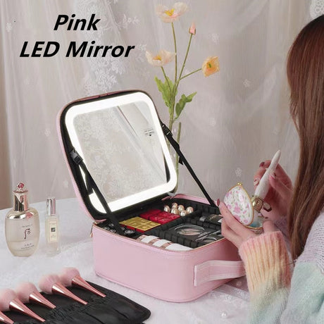 Large Capacity Cosmetic Bag with LED Mirror