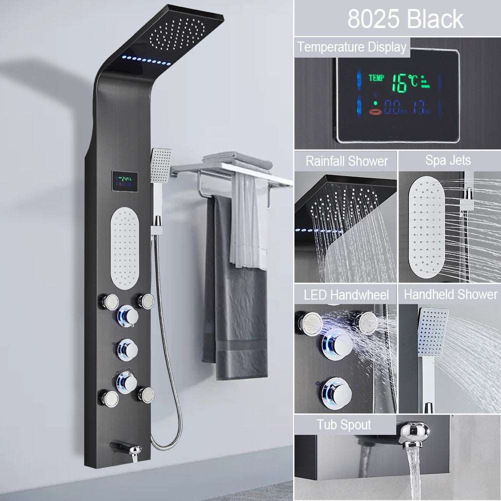 Black LED Light Shower Faucet Bathroom SPA Massage Jet Shower Column System Waterfall Rain Shower Panel Bidet Sprayer Tap