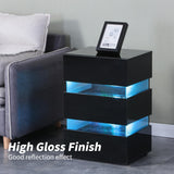 High Gloss LED Side Table, Modern Nightstands with 3 Drawer for Bedroom, Living Room, Black