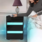 High Gloss LED Side Table, Modern Nightstands with 3 Drawer for Bedroom, Living Room, Black