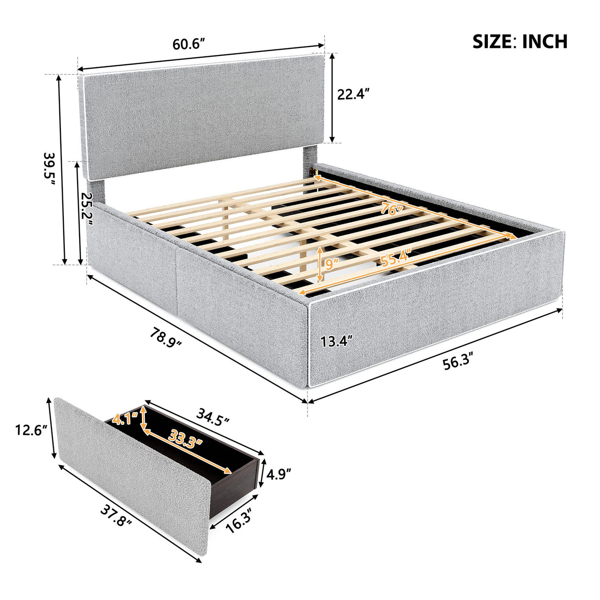 Upholstered Platform Bed with 4 Drawers and White Edge on the Headboard & Footboard, Gray