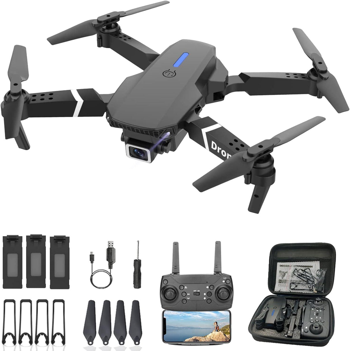 Drone with Dual Camera for Adults Beginners Kids, Foldable RC Quadcopter, Toys Drone Gifts, 1080P FPV Video, 3 Batteries, Carrying Case