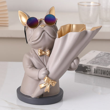 Bulldog Figurine With Vase For Flower Decor