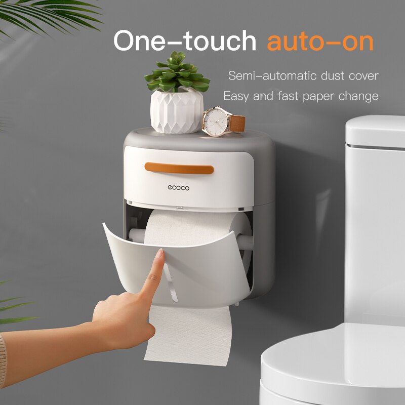 ECOCO Toilet Paper Holder for Bathroom Without Drilling Wall 2-Layer Tissue Box WC Paper Roll Holder with Storage Organizers