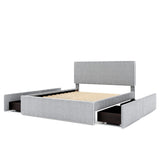 Upholstered Platform Bed with 4 Drawers and White Edge on the Headboard & Footboard, Gray