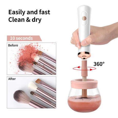 Upgraded Makeup Brush Cleaner and Dryer Machine, Electric Cosmetic Automatic Brush Spinner with 8 Size Rubber Collars, Wash and Dry in Seconds, Deep Cosmetic Brush Spinner for Brushes