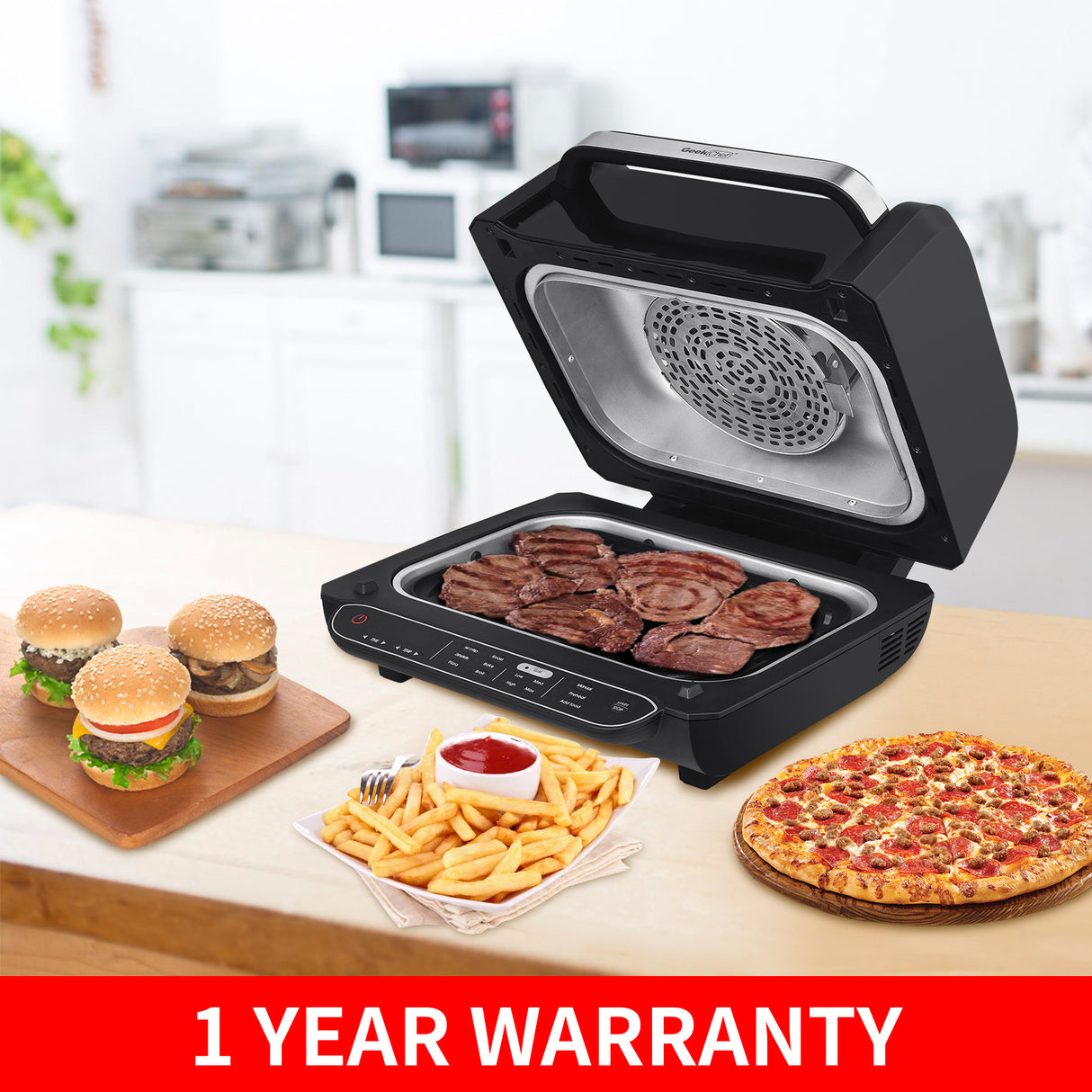 mart 7-in-1 Indoor Electric Grill Air Fryer Family Large Capacity with Air Crisp Dehydrate Roast Bake Broil Pizza and Cyclonic Grilling Technology Countertop Grill Stainless Steel