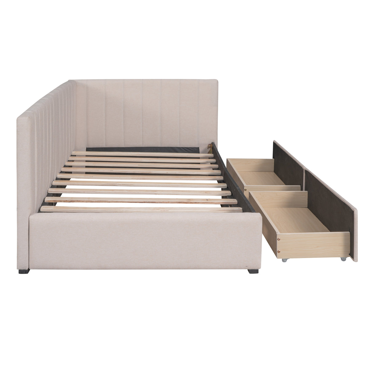 Upholstered Daybed with 2 Storage Drawers Twin Size Sofa Bed Frame No Box Spring Needed; Linen Fabric (Beige)