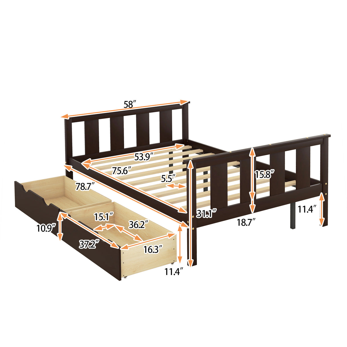 Full Size Platform Bed Wood Bed Frame with Storage Drawers; Espresso(Expect Arrival Date 3.7)