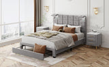 Upholstered Storage Bed with Two Wireless Chargers and Motion Activated Night Light; Queen Size Velvet Platform Bed with a Big Drawer; Gray