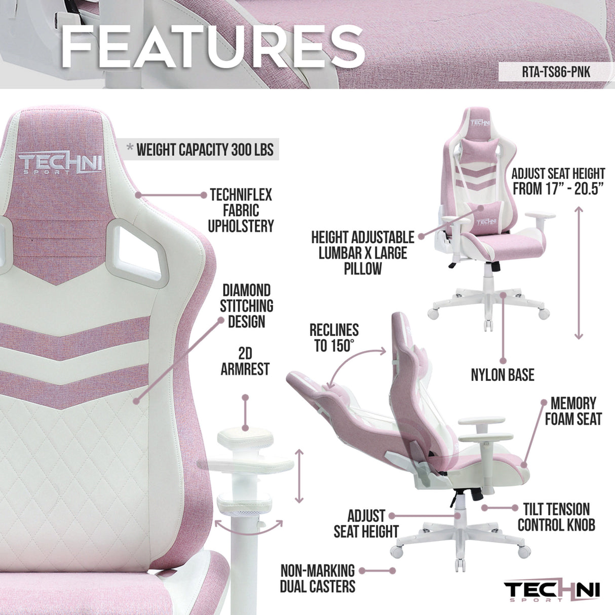 Techni Sport TS86 Ergonomic Pastel Gaming Chair; Pink