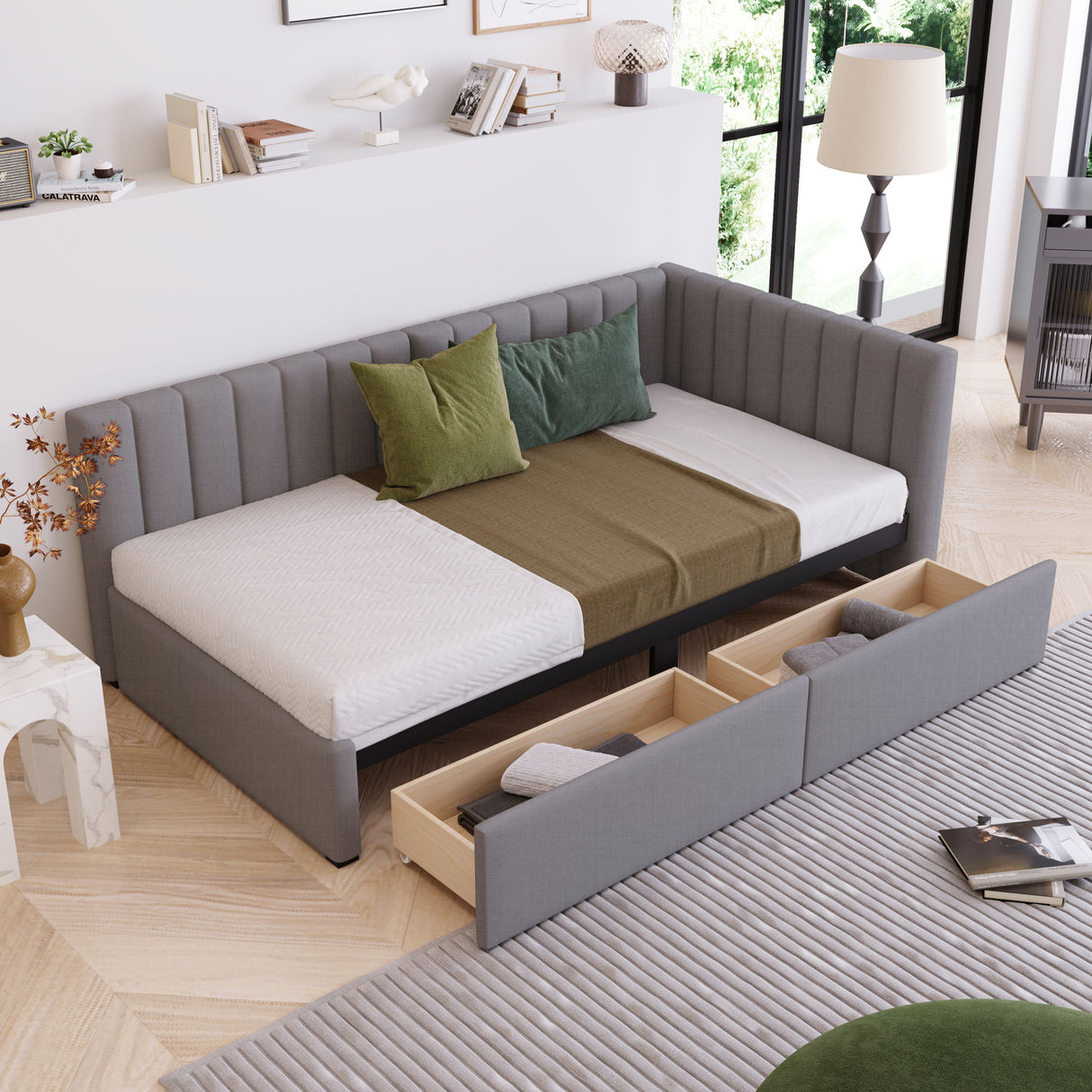 Upholstered Daybed with 2 Storage Drawers Twin Size Sofa Bed Frame No Box Spring Needed; Linen Fabric (Gray)