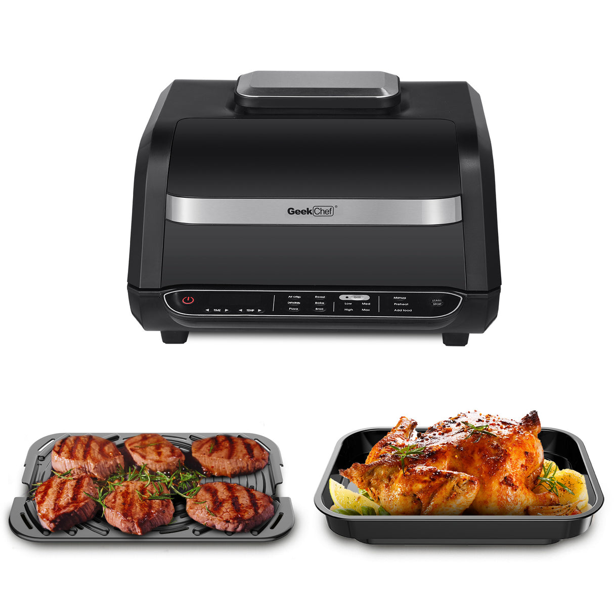 mart 7-in-1 Indoor Electric Grill Air Fryer Family Large Capacity with Air Crisp Dehydrate Roast Bake Broil Pizza and Cyclonic Grilling Technology Countertop Grill Stainless Steel