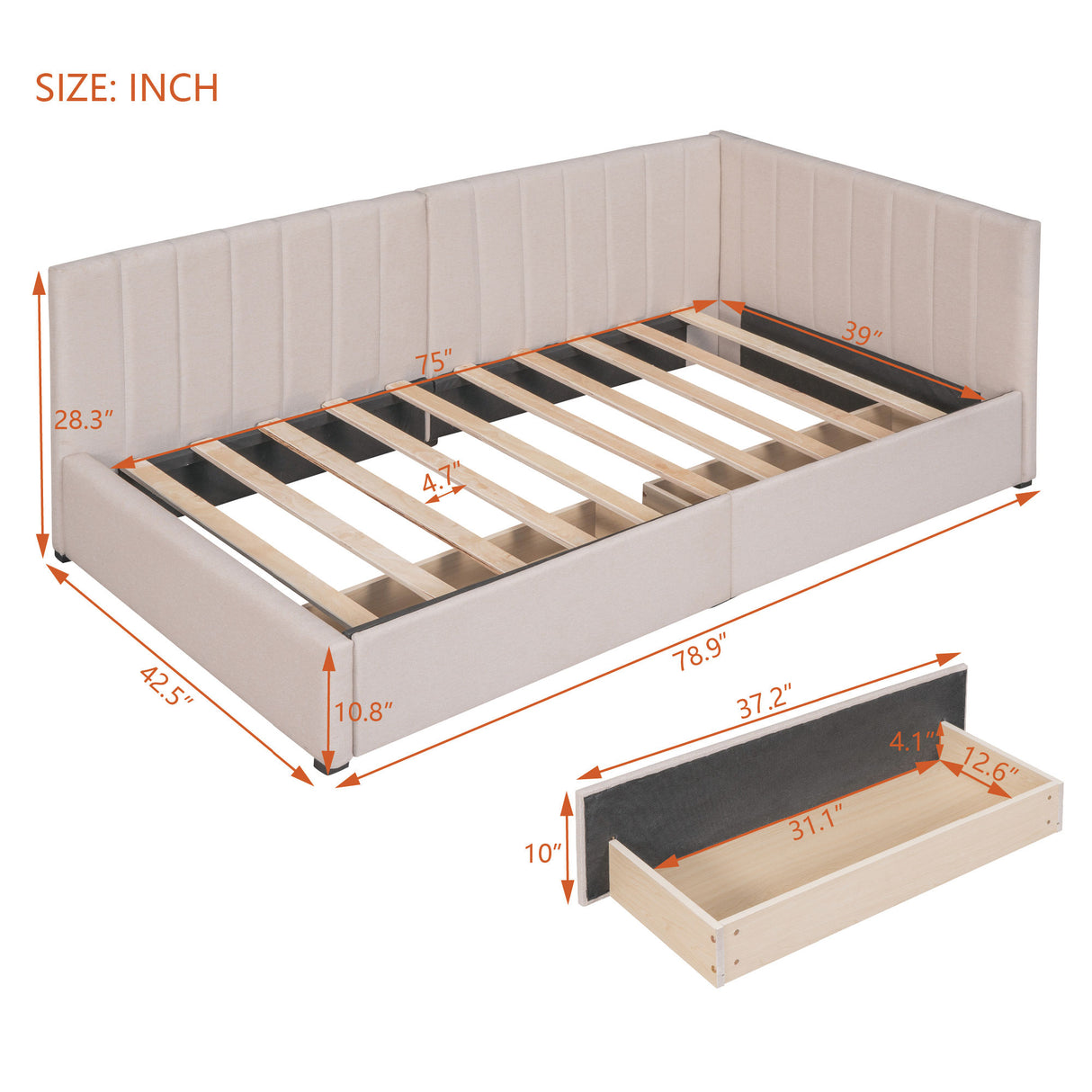 Upholstered Daybed with 2 Storage Drawers Twin Size Sofa Bed Frame No Box Spring Needed; Linen Fabric (Beige)