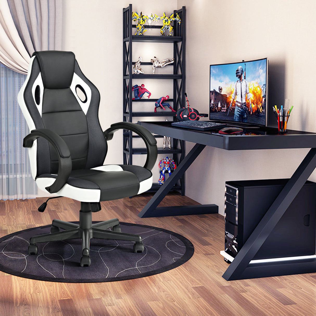 Gaming Office Chair with Fabric Adjustable Swivel; BLACK AND WHITE