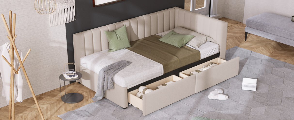 Upholstered Daybed with 2 Storage Drawers Twin Size Sofa Bed Frame No Box Spring Needed; Linen Fabric (Beige)