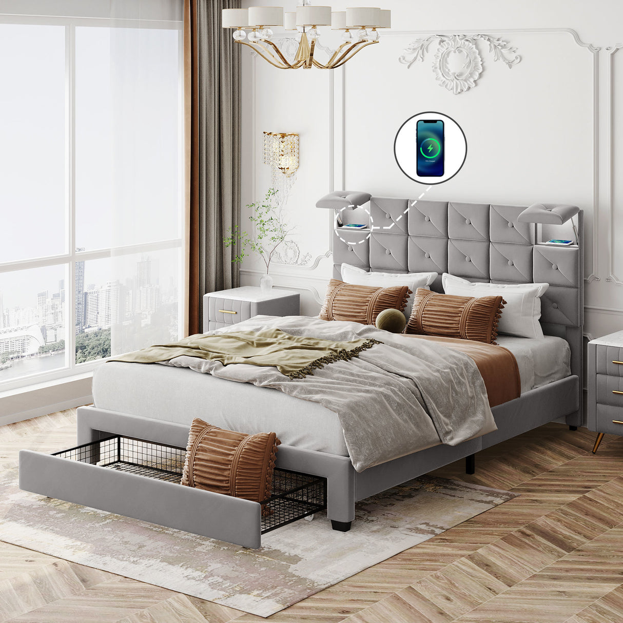 Upholstered Storage Bed with Two Wireless Chargers and Motion Activated Night Light; Queen Size Velvet Platform Bed with a Big Drawer; Gray