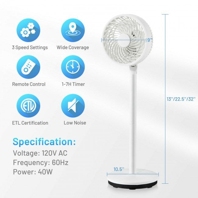 9 Inch Portable Oscillating Pedestal Floor Fan with Adjustable Heights and Speeds