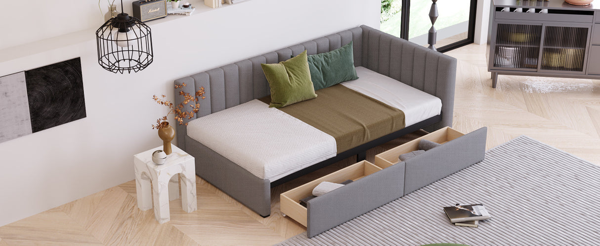 Upholstered Daybed with 2 Storage Drawers Twin Size Sofa Bed Frame No Box Spring Needed; Linen Fabric (Gray)