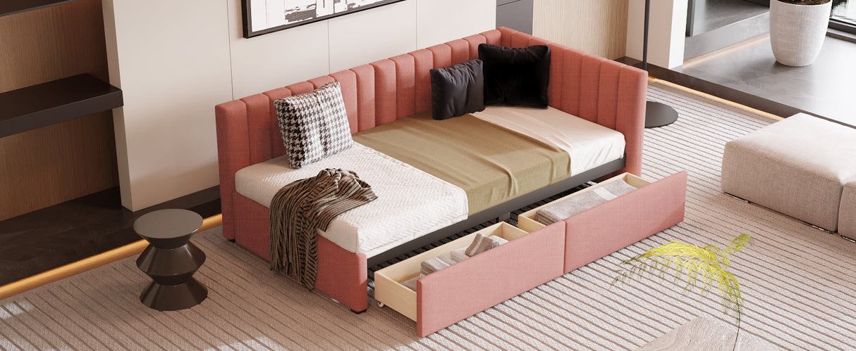 Upholstered Daybed with 2 Storage Drawers Twin Size Sofa Bed Frame No Box Spring Needed; Linen Fabric (Pink)