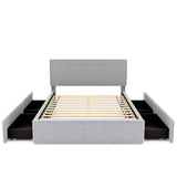 Upholstered Platform Bed with 4 Drawers and White Edge on the Headboard & Footboard, Gray