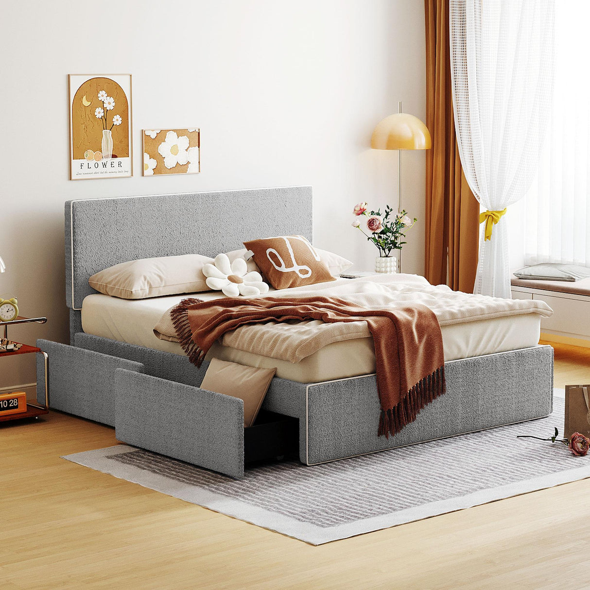 Upholstered Platform Bed with 4 Drawers and White Edge on the Headboard & Footboard, Gray